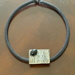 Black and Silver Minimalist Necklace with Textured Charm